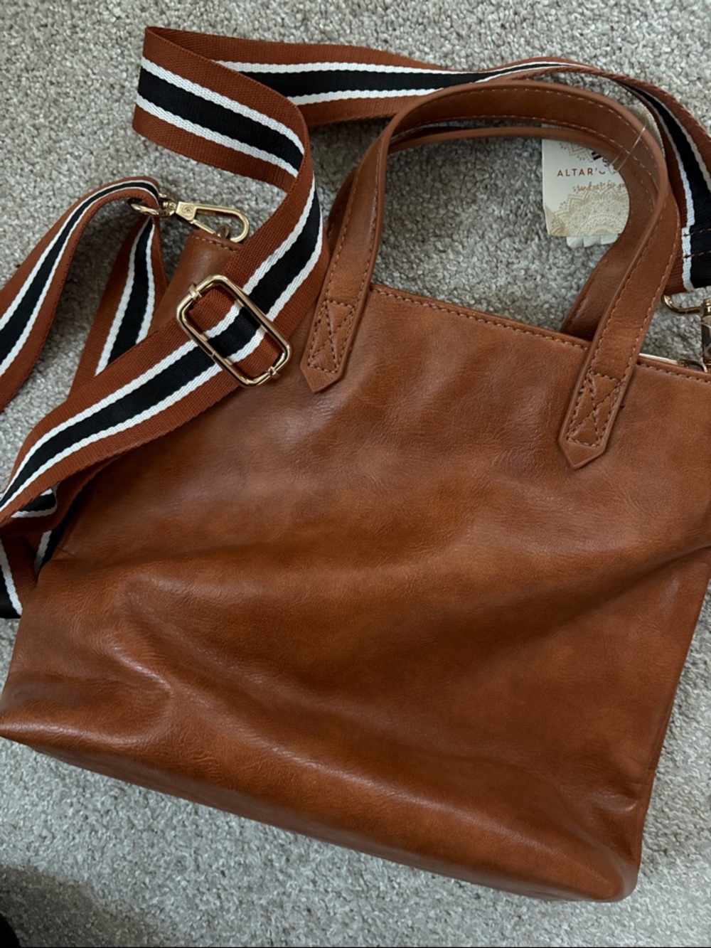 Altar'd State Brown Crossbody Tote with Striped Adjustable Strap